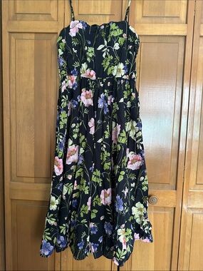 Express Black Floral Midi Dress with Pink & Purple Blooms